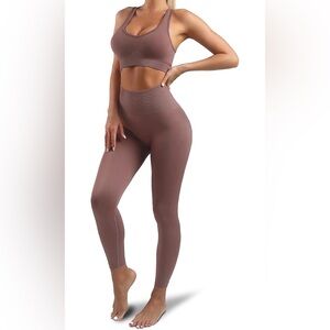 LINGDU Brown Sports Bra & Leggings Set S Nylon Elastane Athletic Stretch Yoga